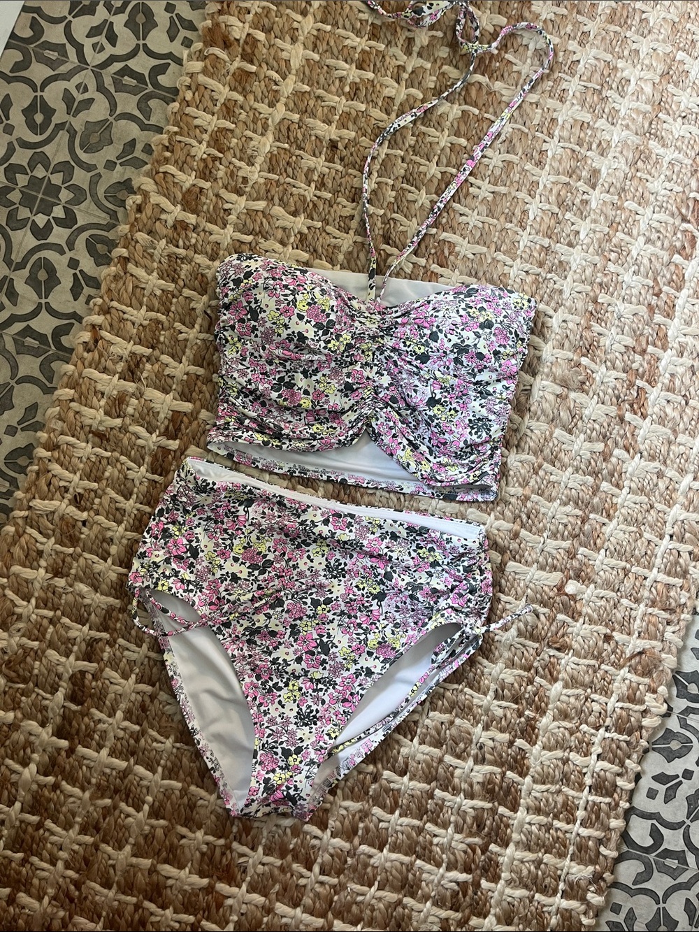 Lands' End Floral Bandeau Bikini Set in Pink, Olive and yellow